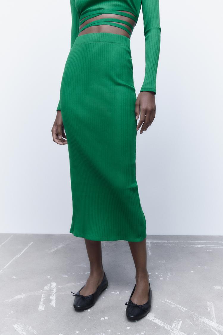 RIBBED MIDI SKIRT Green ZARA United States